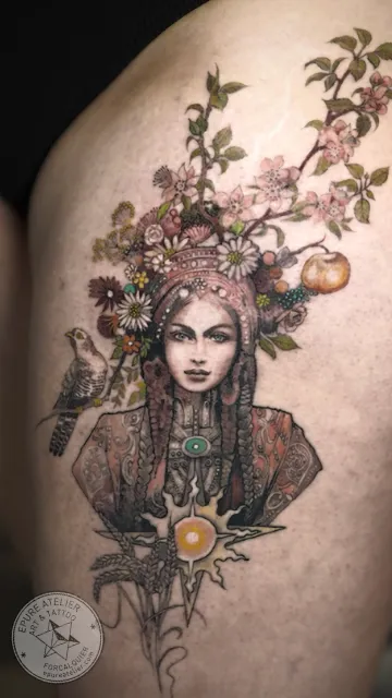 Tatouage portrait de déesse avec fleurs de cerisier et symboles mystiques