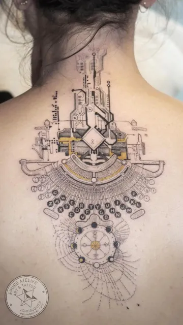 Tatouage architectural abstrait style blueprint avec mandala dotwork dans le dos