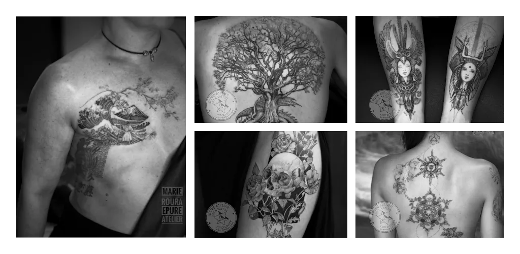 Patchework de tatouages réalisés par Épure Atelier